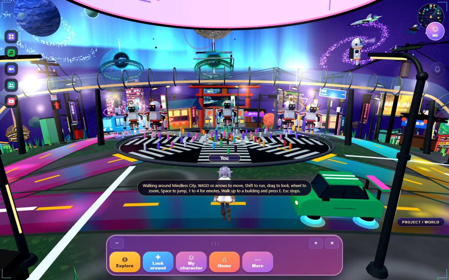 Walking the crossing in Mindless City with robot helpers and neon shops.